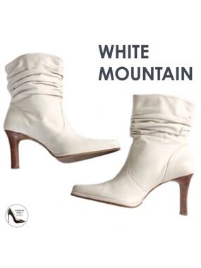 White Mountain Ivory Leather Bootie Stiletto Heel Pointed Toe Slouchy Ankle Boot